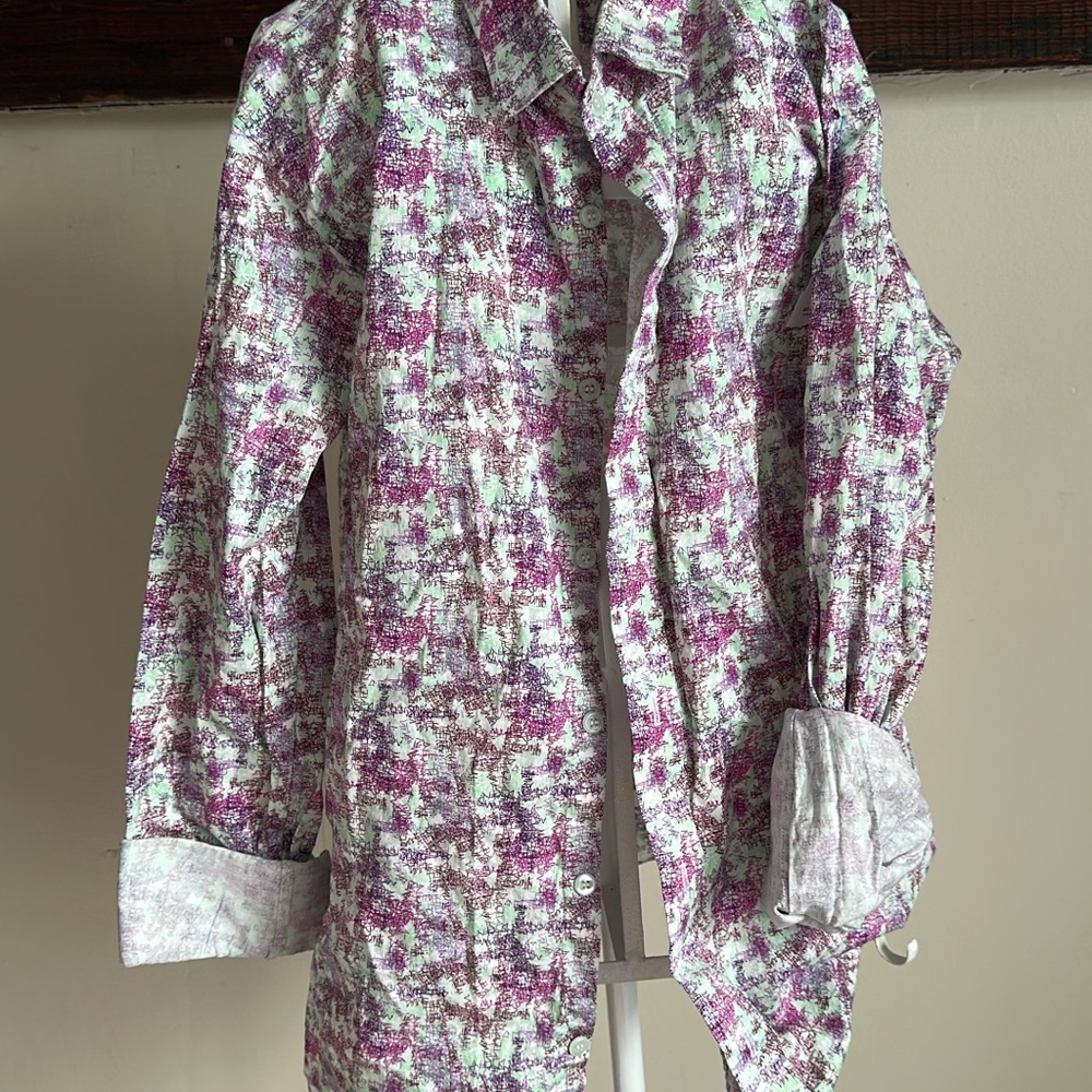 Purple, Green, and White Patterned Button-Up Shirt